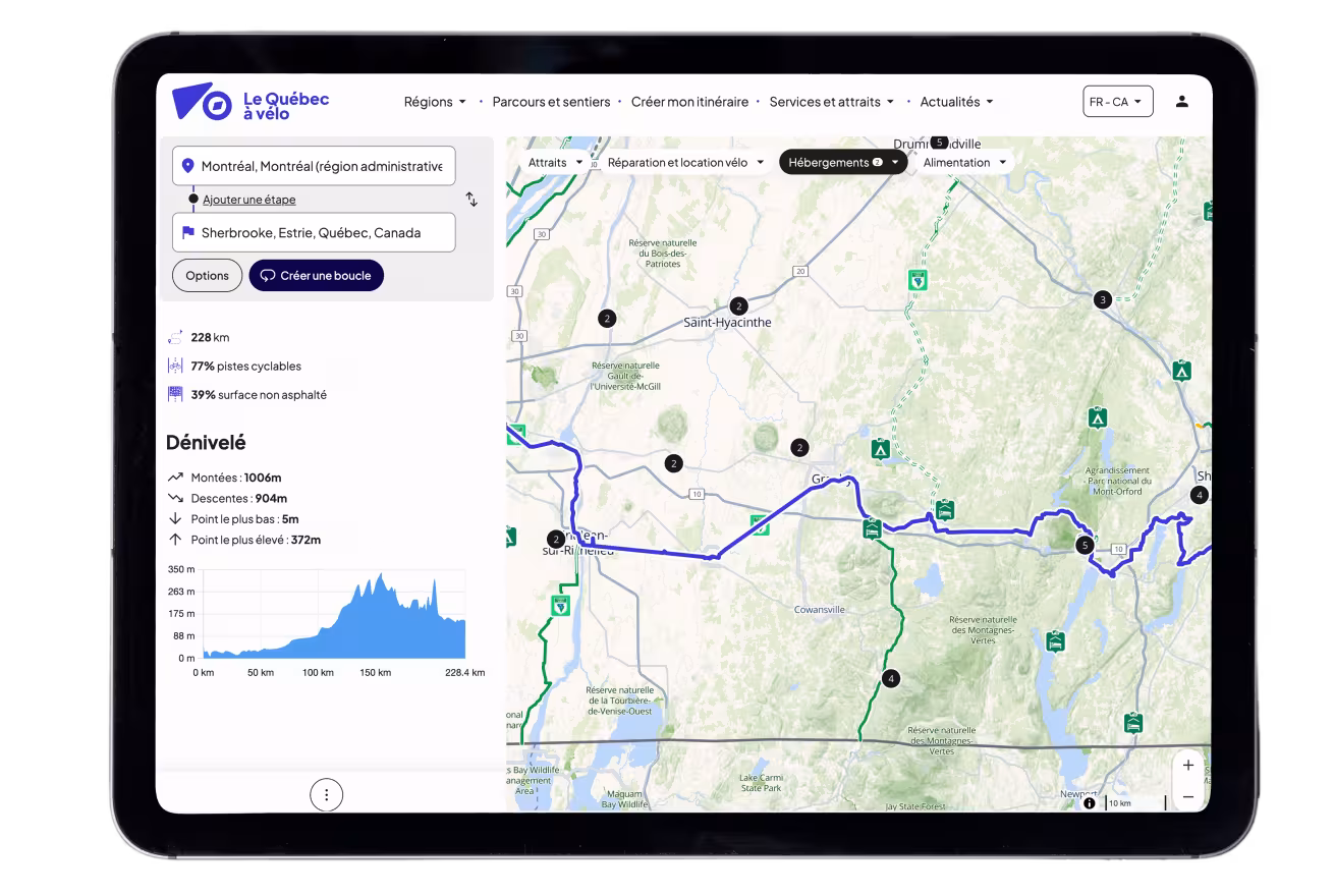 Maquette de la carte interactive de la plateforme Web Le Québec à vélo