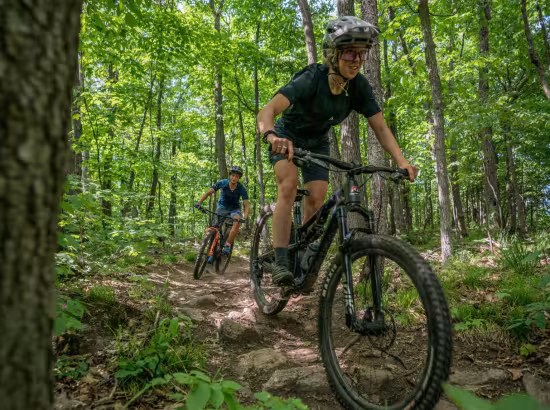 Deux cyclistes en vélo de montagne descendent un sentier au centre de vélo de montagne du Camp Fortune en Outaouais