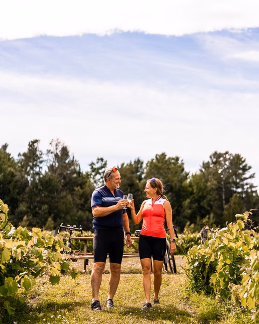 Deux cyclistes visitent à pied un vignoble le long de la Véloroute gourmande