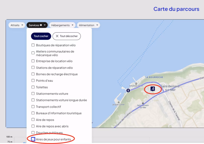 Capture d'écran de la plateforme qui indique comment afficher les aires de jeux pour enfants.