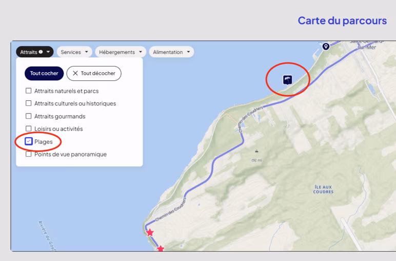 Capture d'écran de la plateforme qui indique comment afficher les plages sur les vues carte.